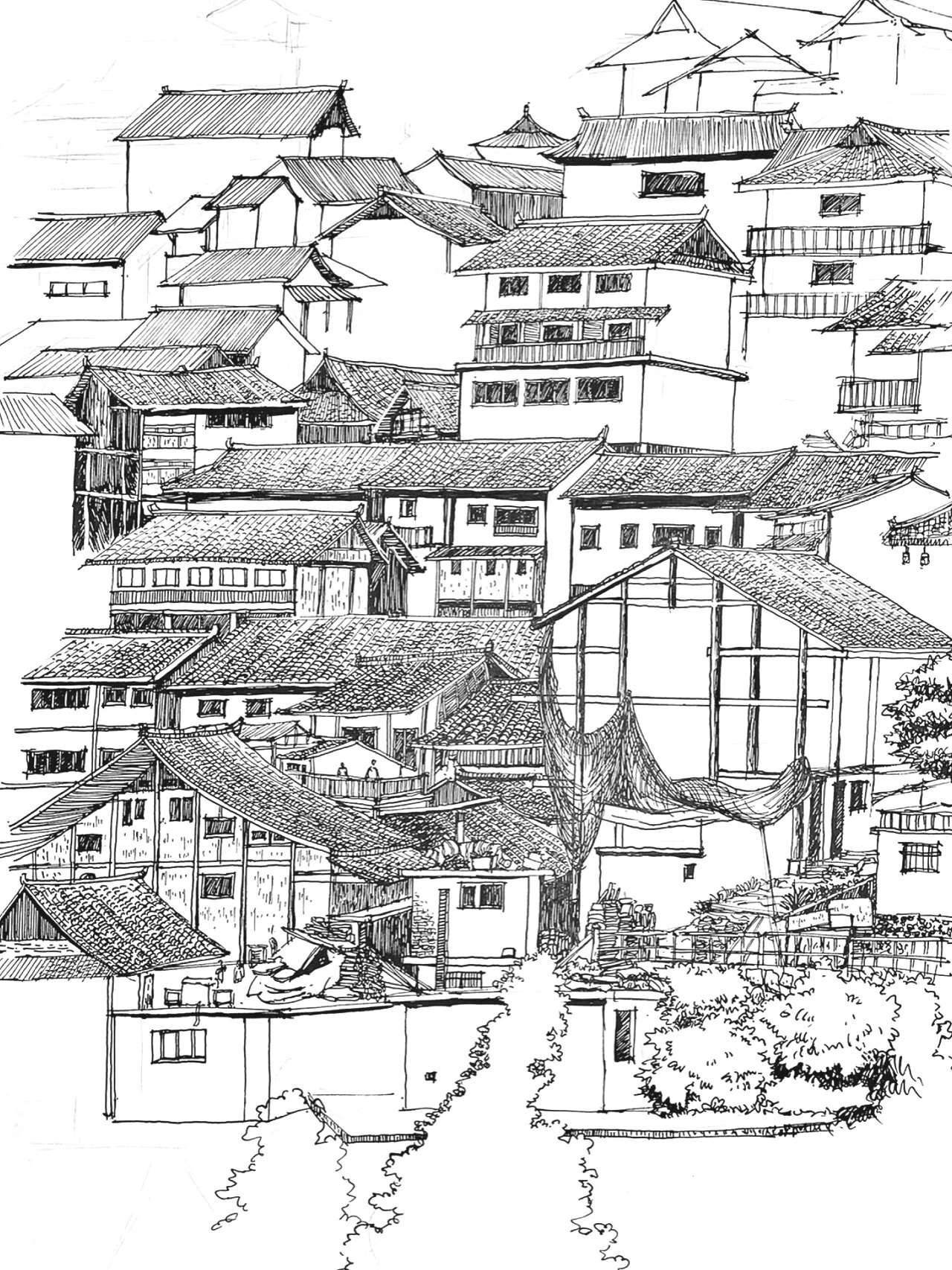 千户苗寨建筑手绘