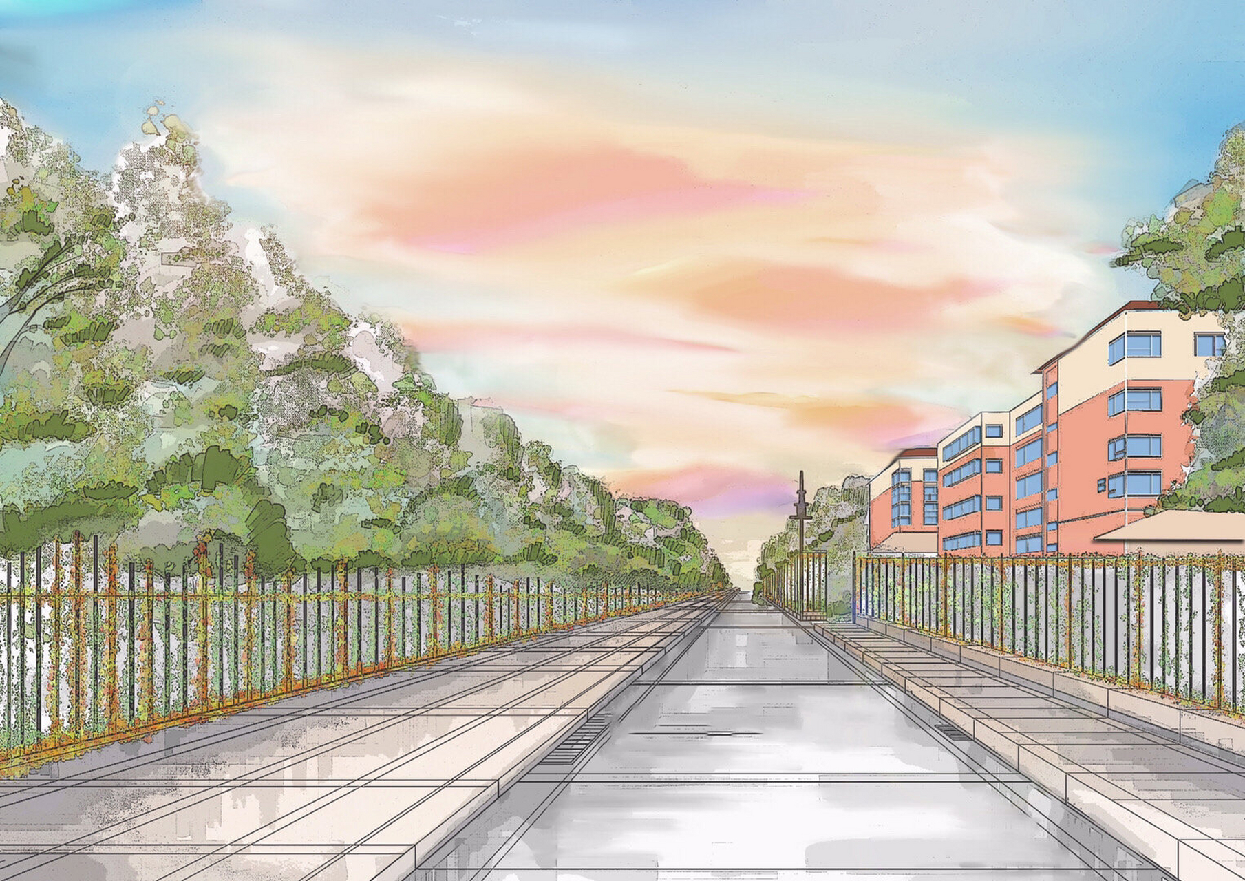 插画一校园一角(两个不同效果) 校园一角(两个不同效果) 一个晴天,一