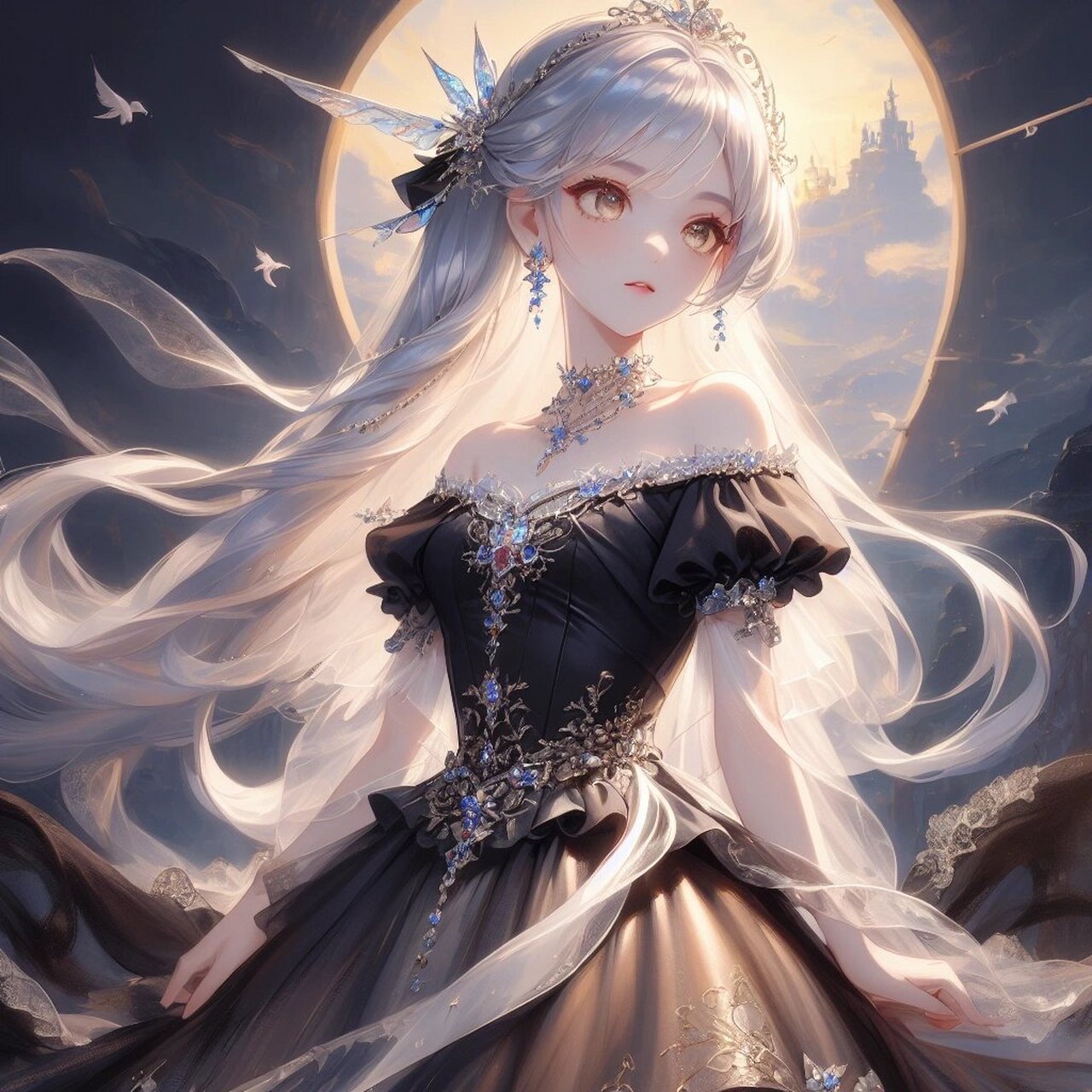 动漫头像|白发黑裙美少女 翅膀