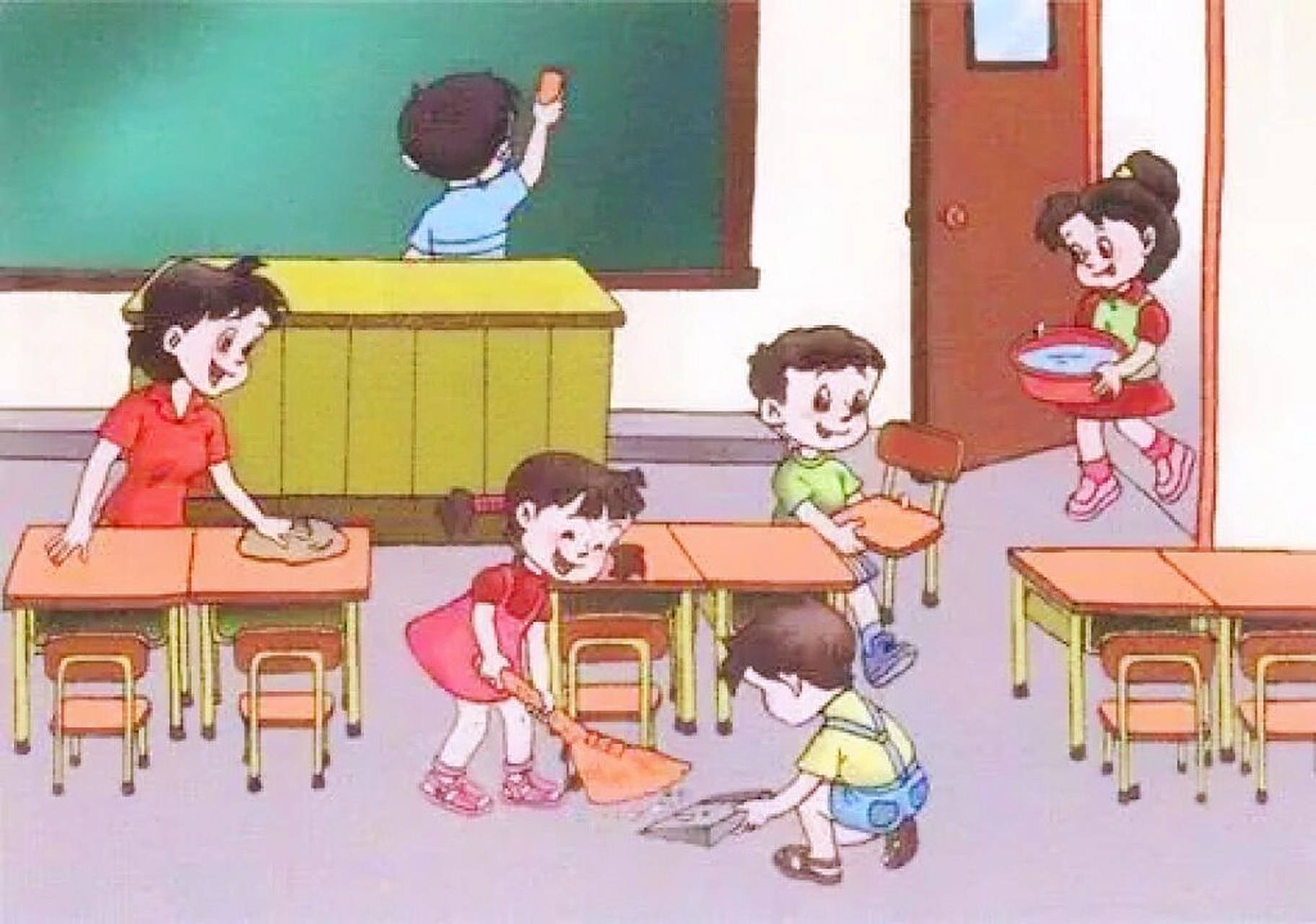 看图写话|打扫卫生 时间:下课了/星期五下午74 人物:老师,同学们