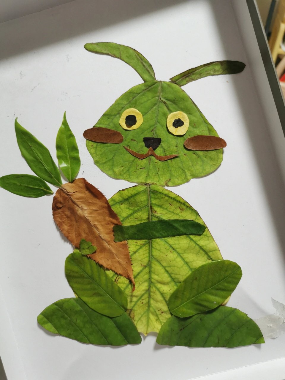 小兔子树叶贴画 捡不同颜色大小不同树叶多捡点 然后用剪刀修剪下 用