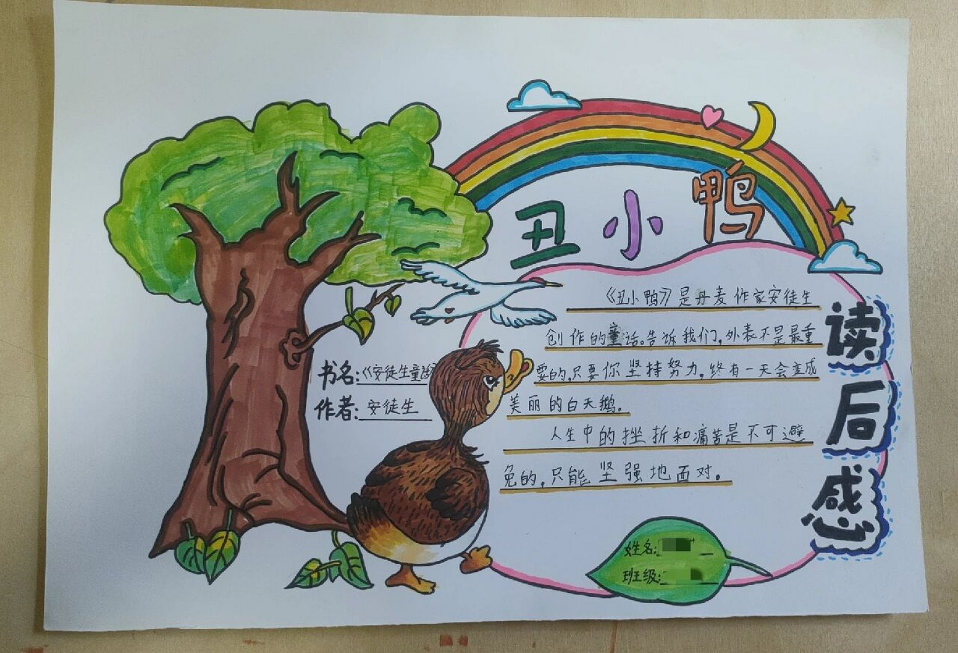 《丑小鸭》读后感 三上读书卡片推荐卡读后感马克笔画