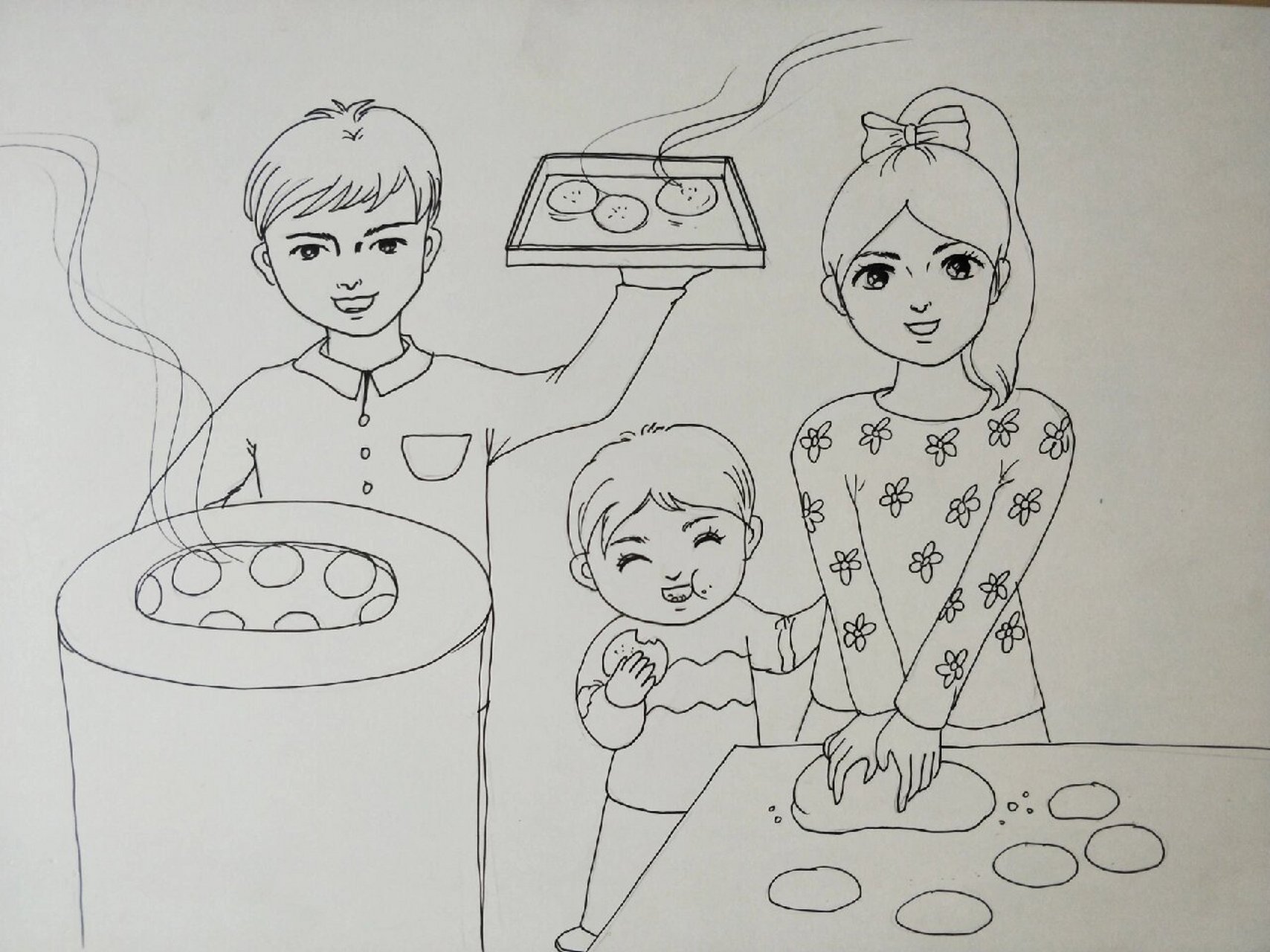 插画制作烧饼 光饼 线稿 儿童卡通绘画线稿