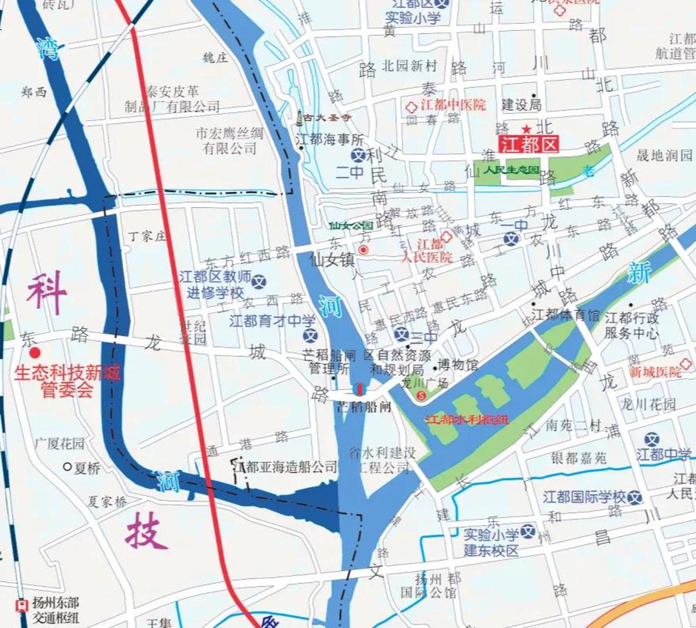 芒稻河,新通扬运河,金湾河,这里是江都水利枢纽,有芒稻船闸,还有一个