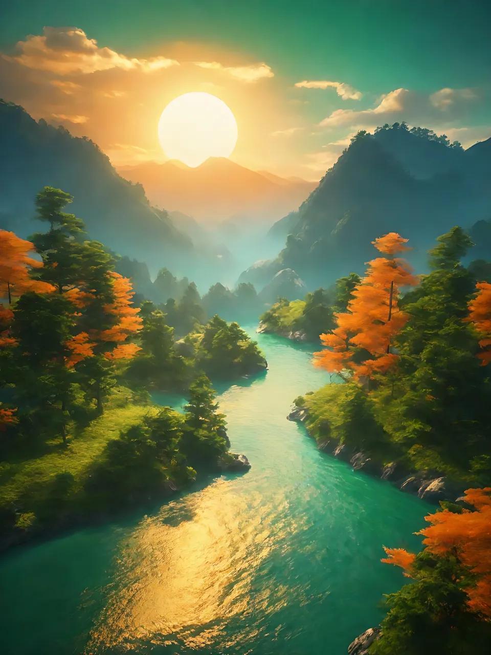 霞光万道,山水如画.