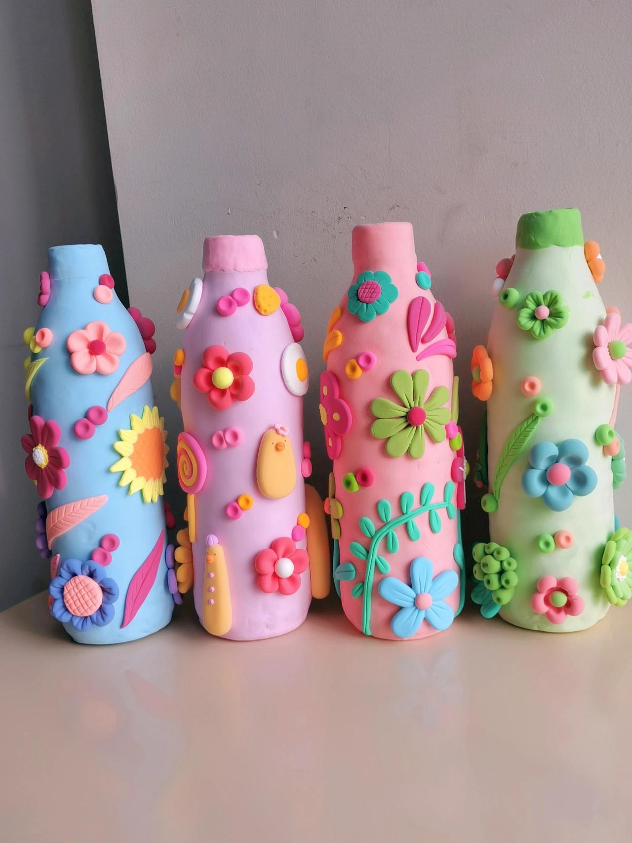 粘土手工|改造后的矿泉水瓶子 家里喝完的矿泉水瓶子 可以用粘土改造