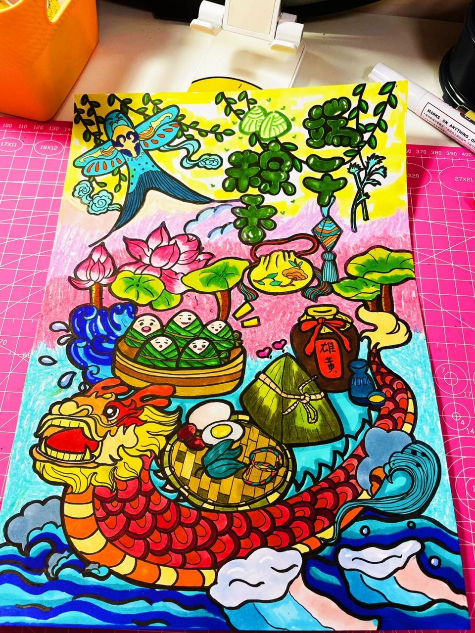 《端午节》儿童画 马克笔,线稿在图二 端午佳节|端午安康|粽子|划龙舟