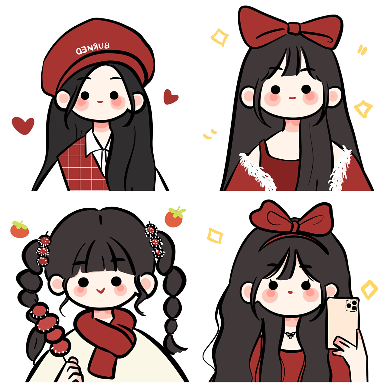 新年喜庆头像卡通可爱简笔画红色系闺蜜头像