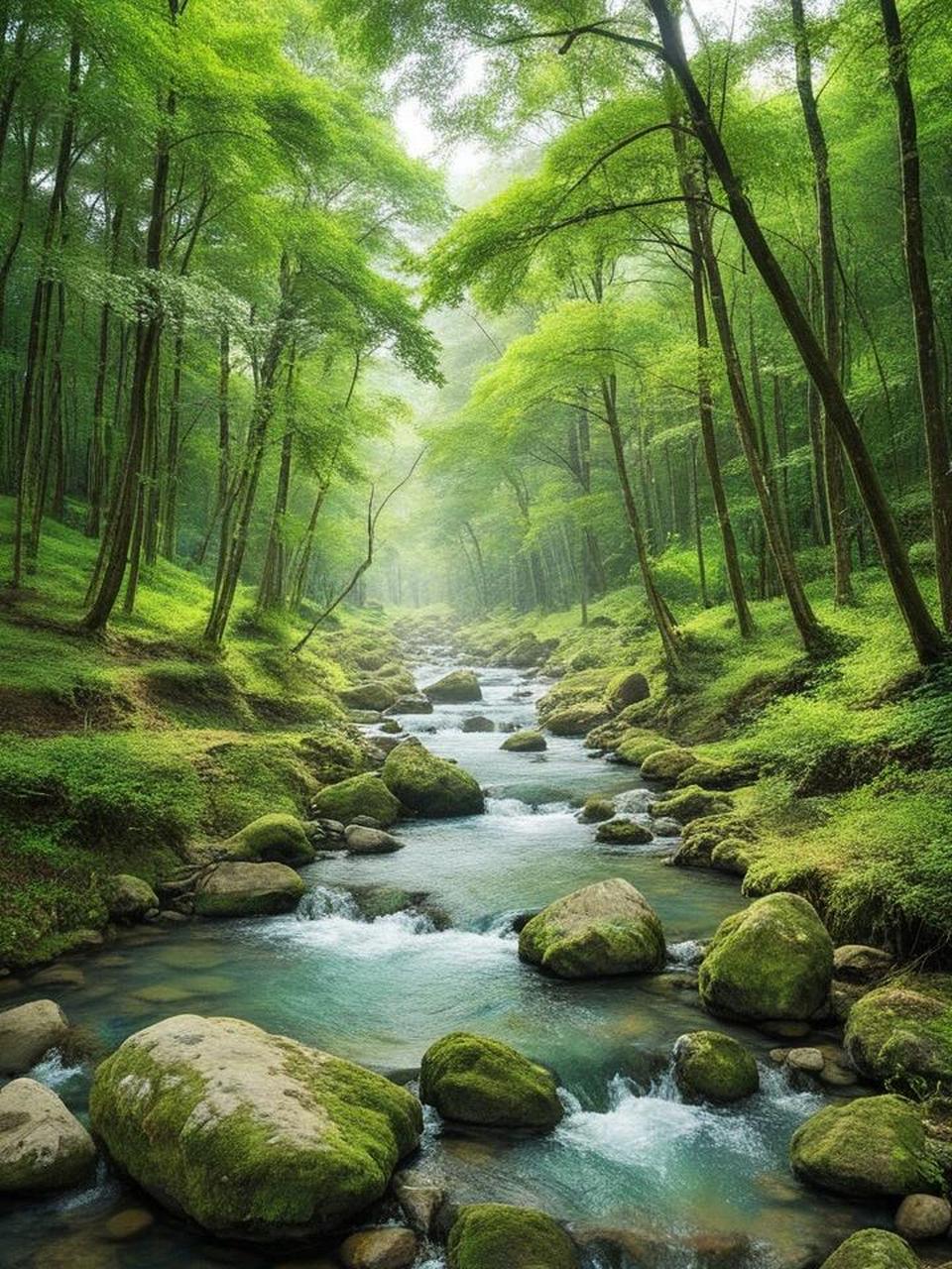森林风景:绿色的森林,清澈的溪流.