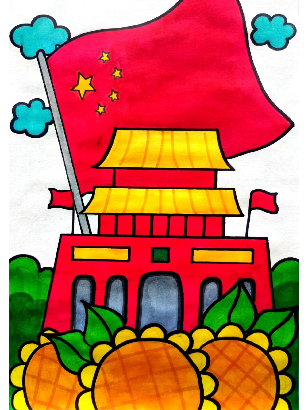 国庆节简笔画,五星红旗迎风飘扬