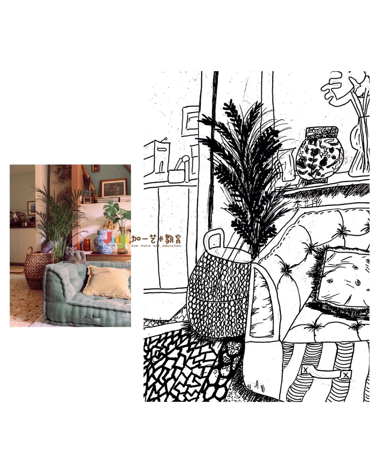 《室内一角写生》 | 9岁学生线条作品分享