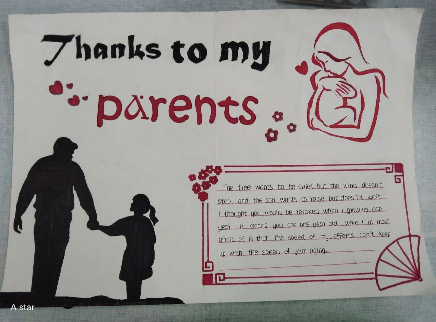 感恩主题绘画      英语作业,主题是感恩,我选择的是感恩父母,浅浅画