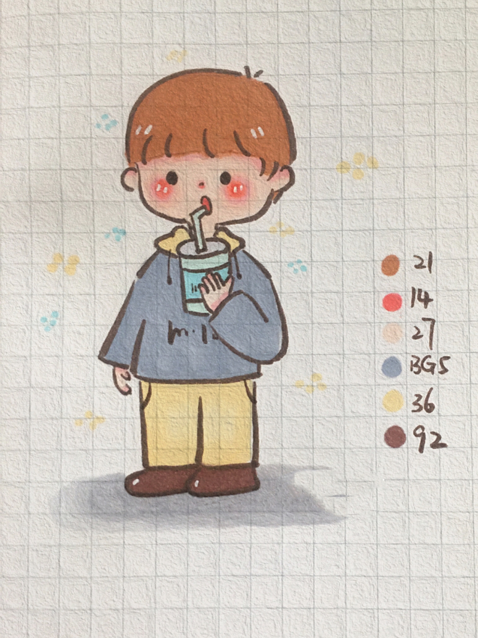 可爱简笔画 暖萌小男孩//附线稿 手帐简笔画 喝奶茶吗 马克笔萌系人物