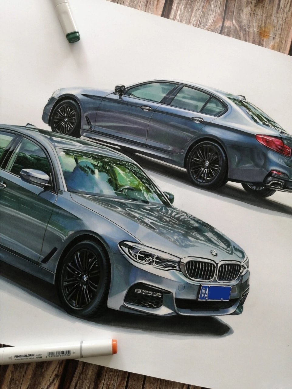 马克笔汽车手绘*新年第一幅,bmw530i 阳康后的第一幅,年底腊月二十八