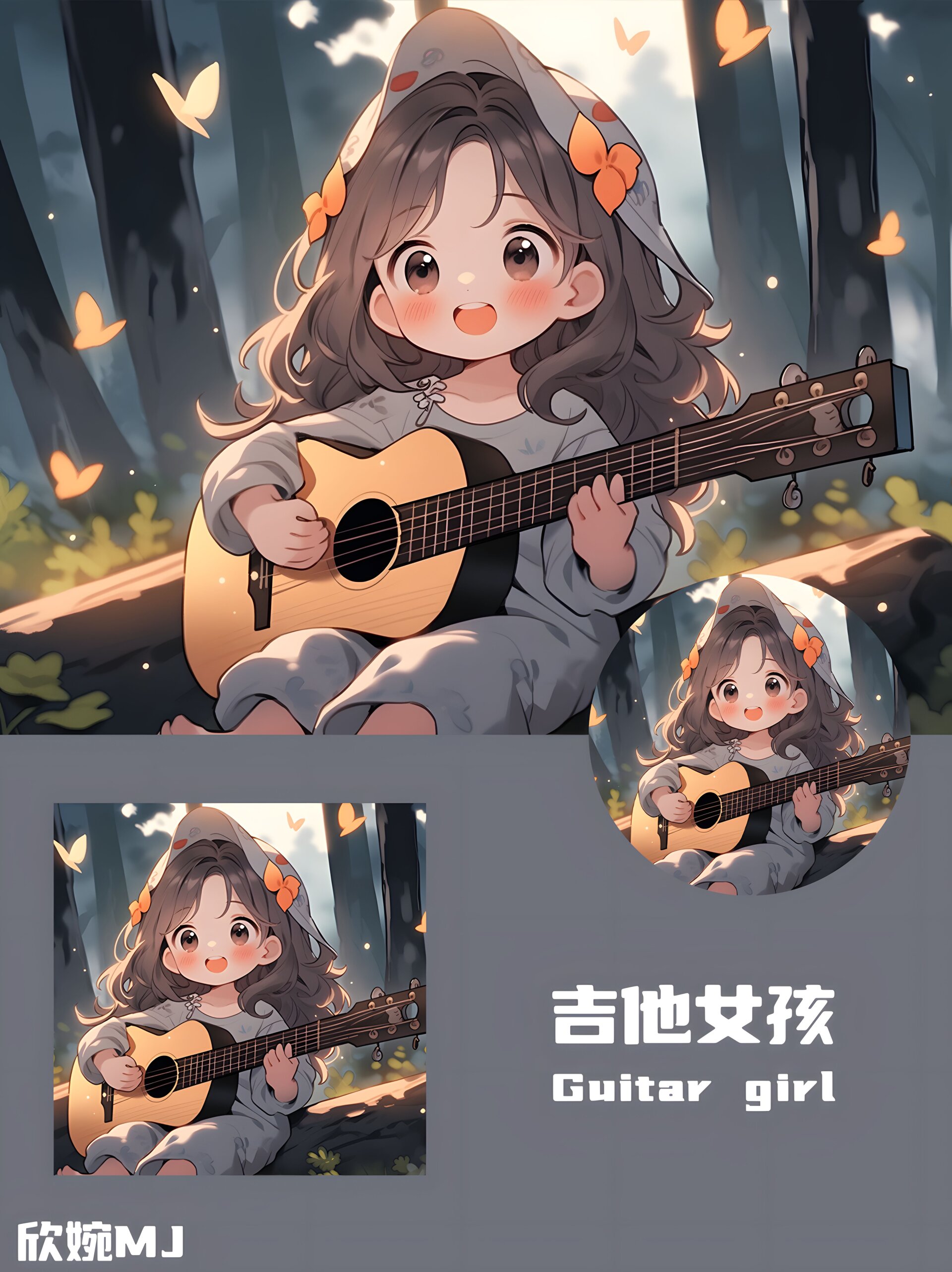 吉他女孩丨卡通头像丨单人 一个坐在森林里安静弹吉他给小动物听的小