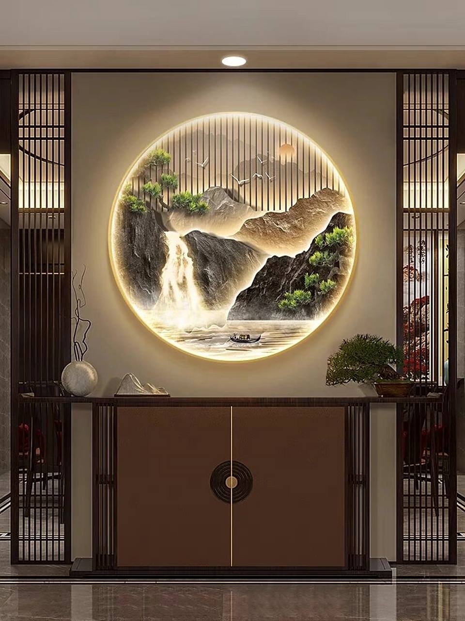 新中式入户门玄关装饰画流水生财圆形山水挂 新中式入户门玄关装饰画