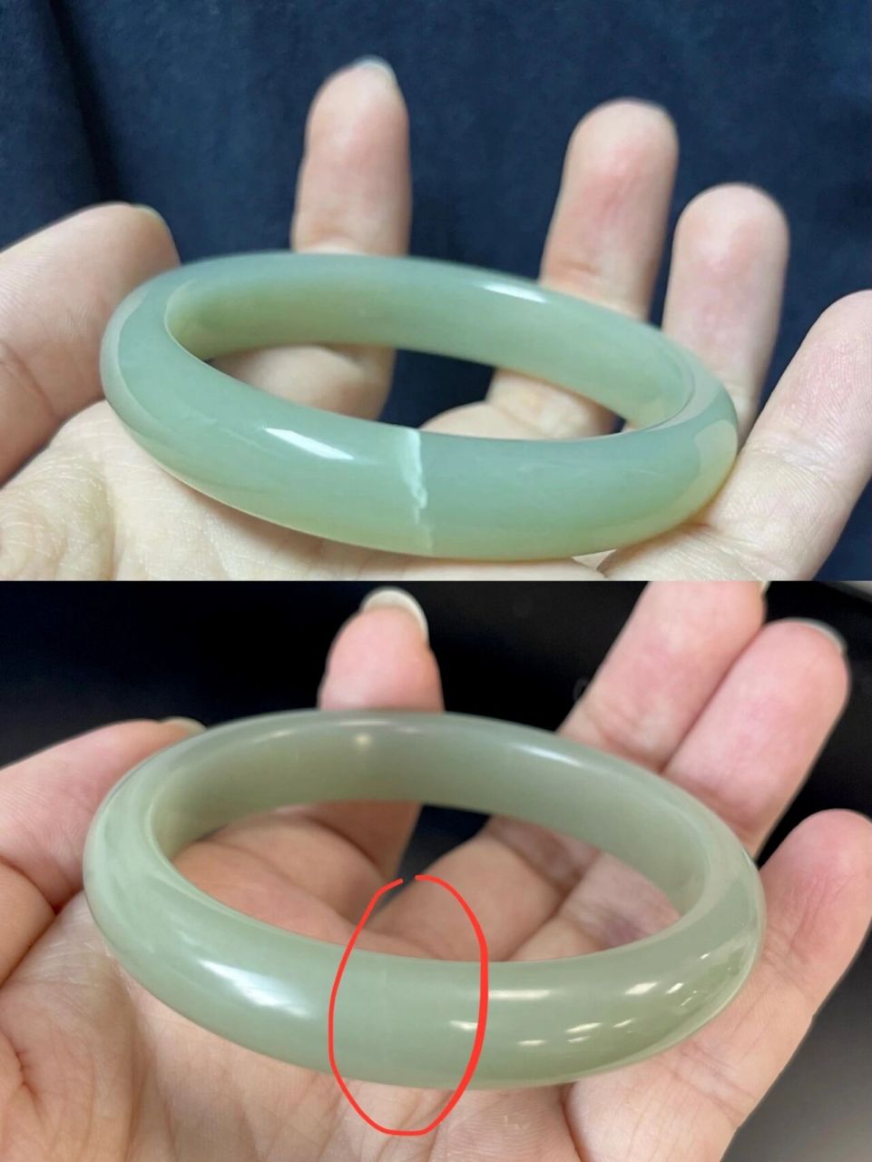 和田玉镯子无痕修复后续来啦 和田玉偏绿的一只且末蓝镯子,贯穿裂.