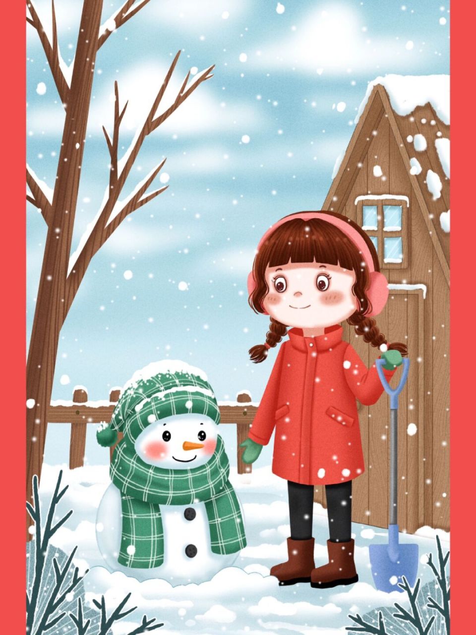 插画|冬天堆雪人的女孩 今天天气真好太阳☀出来了,明天就是小雪