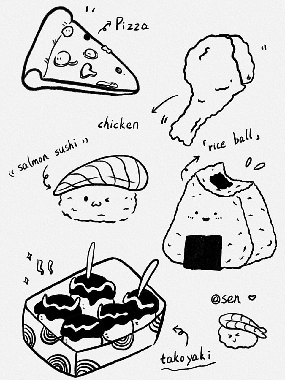 美食简笔画|附过程 画了一些小寿司97好久没吃日料了～有点怀念