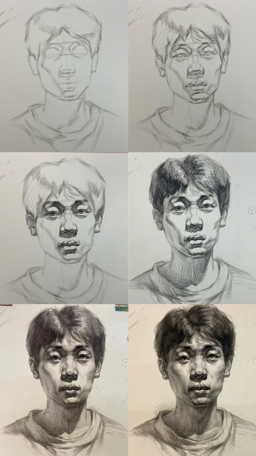 构图(10分钟) 构图建立大框架注意头颈肩外形特征及动态,脸部前方预留