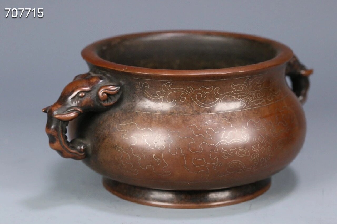 旧藏 案头精品 "石叟"款嵌银丝双象耳铜香炉,原配老紫檀底托炉盖,和田