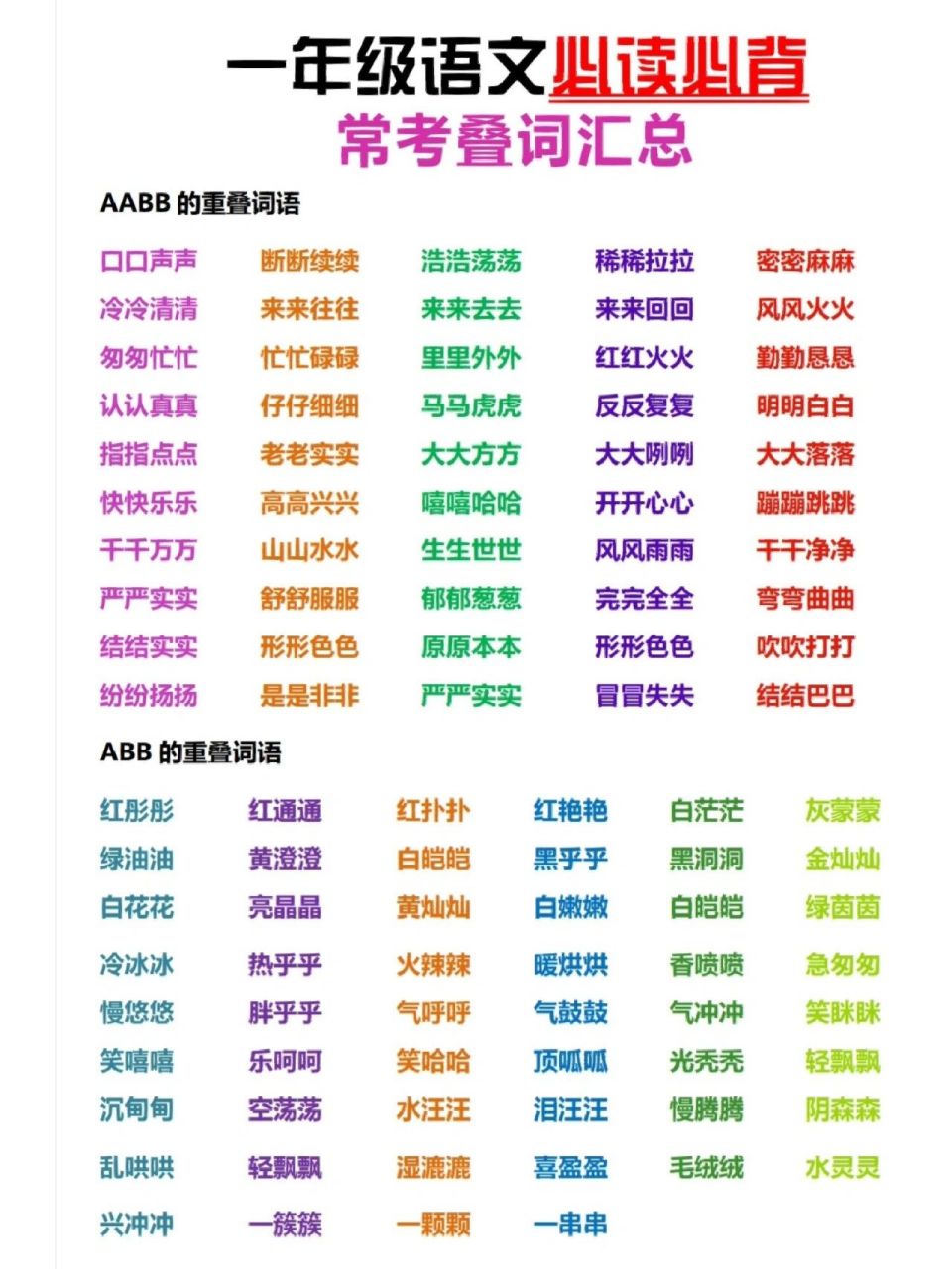 小学一年级 常用叠词积累     aab式词语 abb式词语 aabb式词语 abab