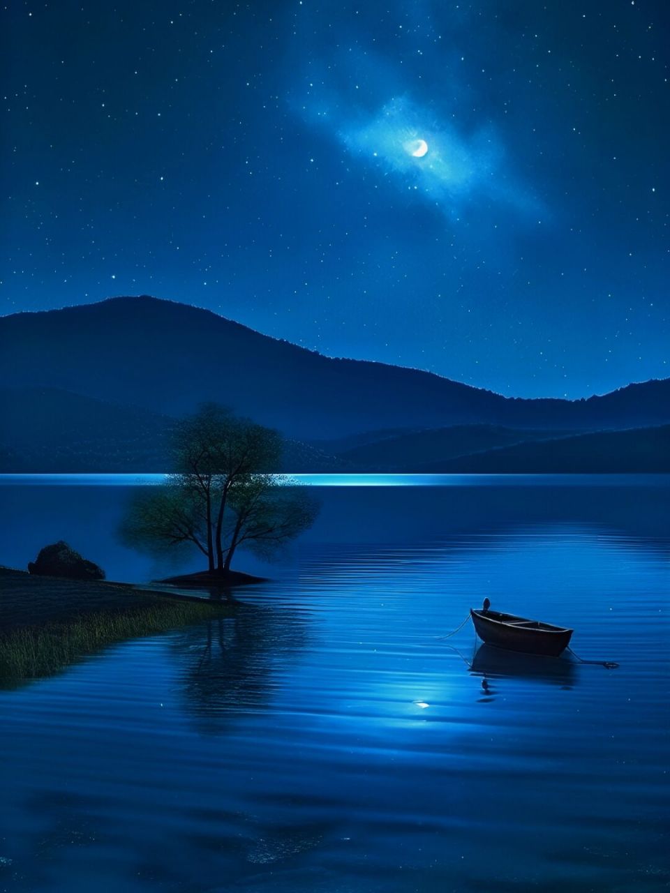 夜深了人静了,我只想好好享受这份宁静 湖畔夜色,月光洒落在水面上