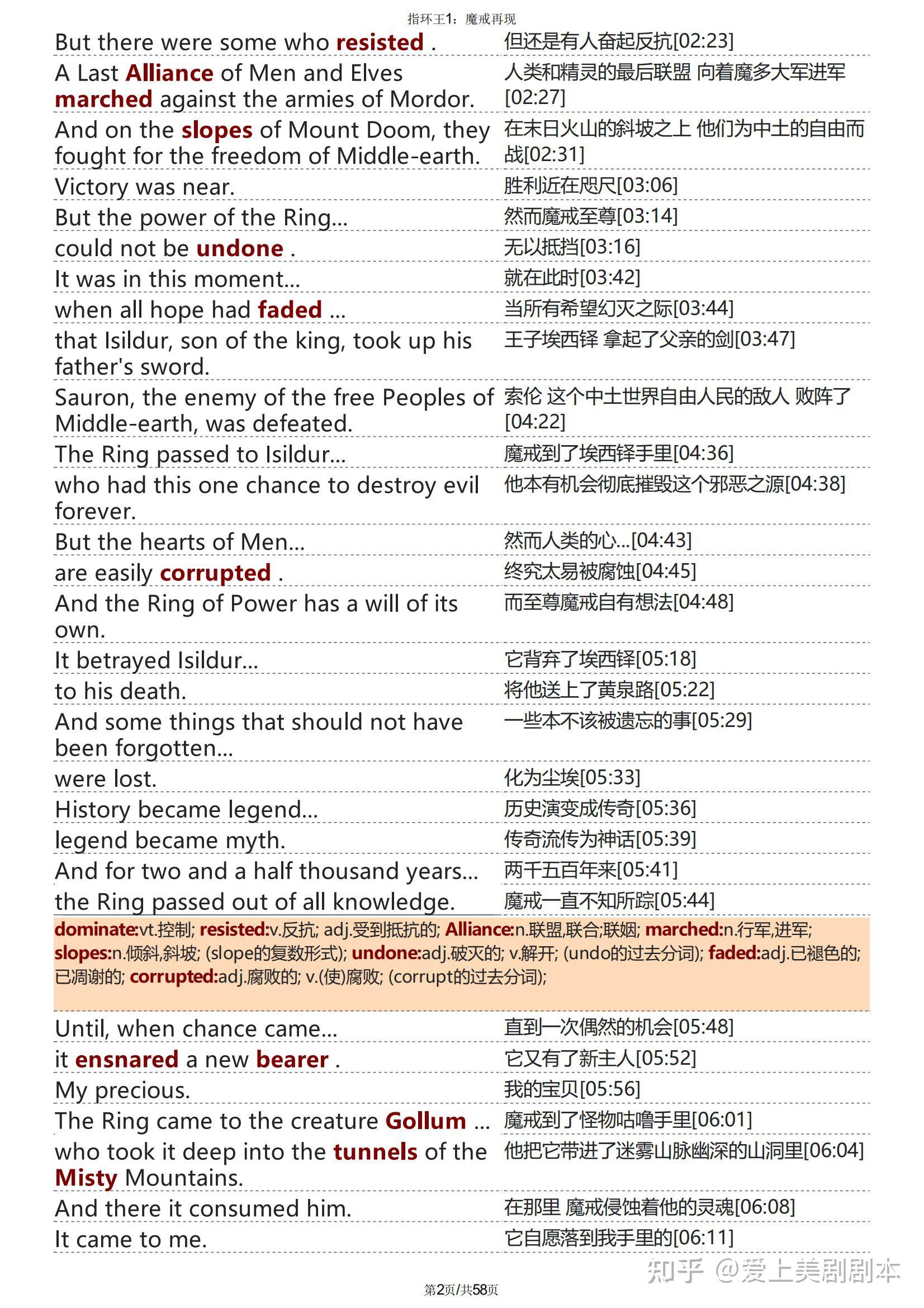 指环王台词剧本pdf精排版中英双语左右对照音频mp3指环王魔戒台词本