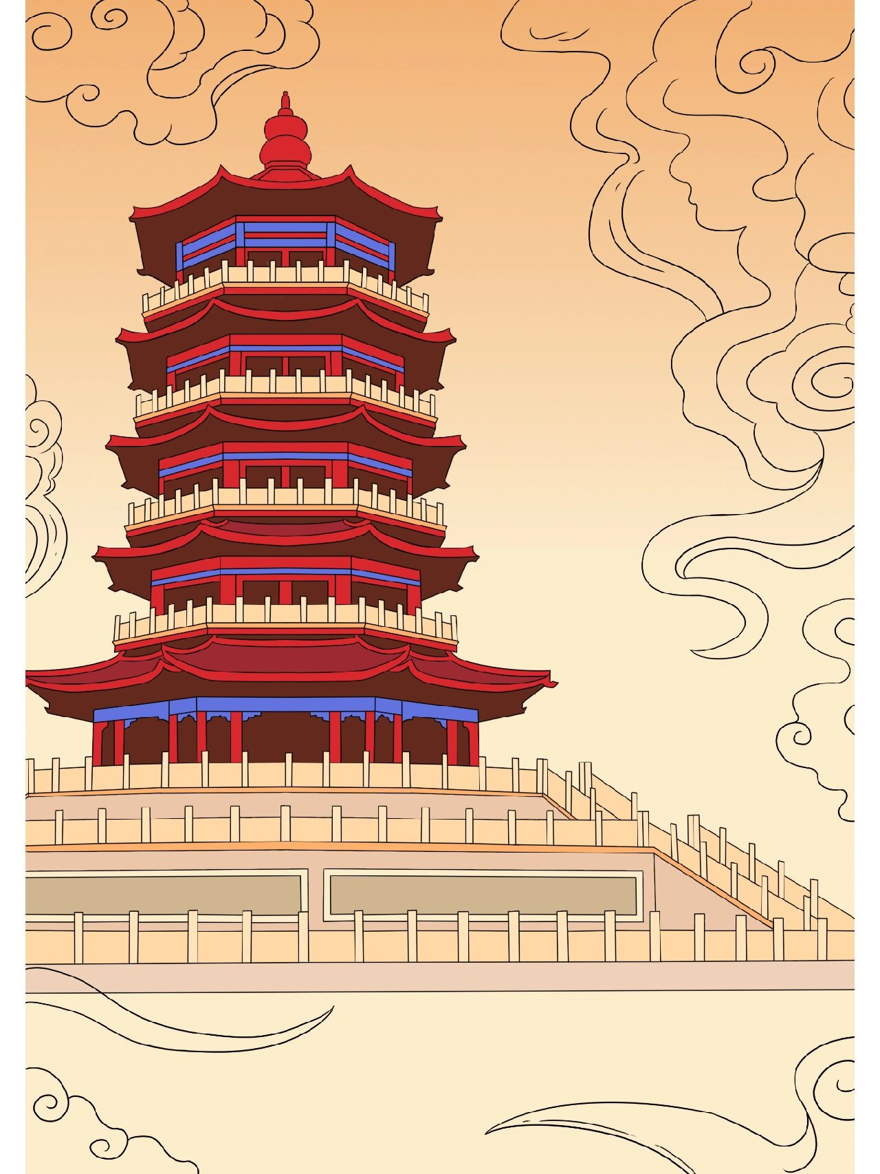 原创插画|蓬莱阁 城市建筑插画(六) 78山西省-蓬莱阁 	 原创插画