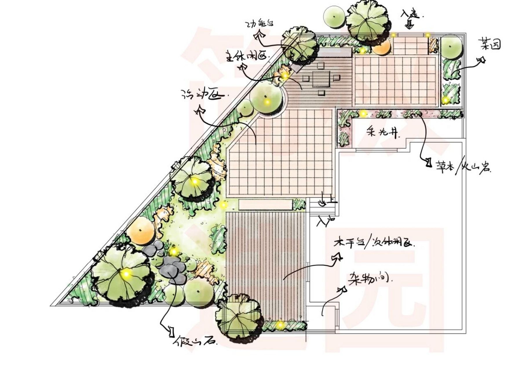 庭院设计简要分析44 ——混搭,实用型花园 67——斜边异形花园的