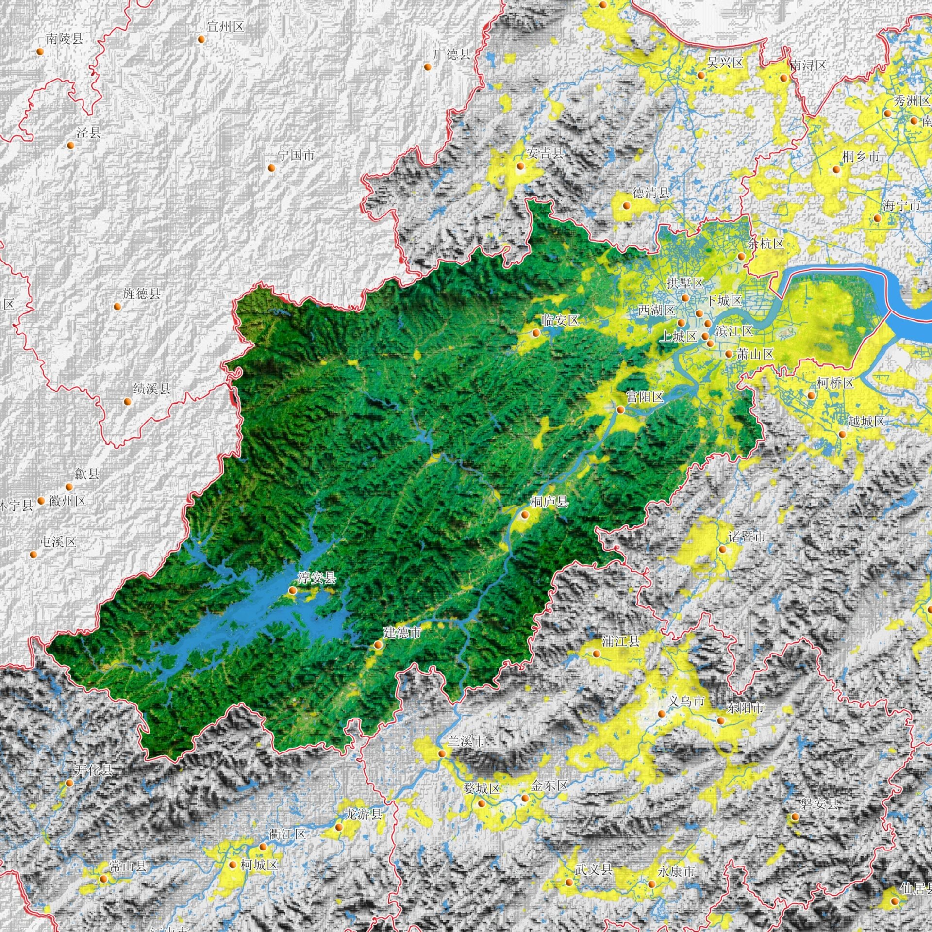浙江11个地级市,立体地形图(区县级)