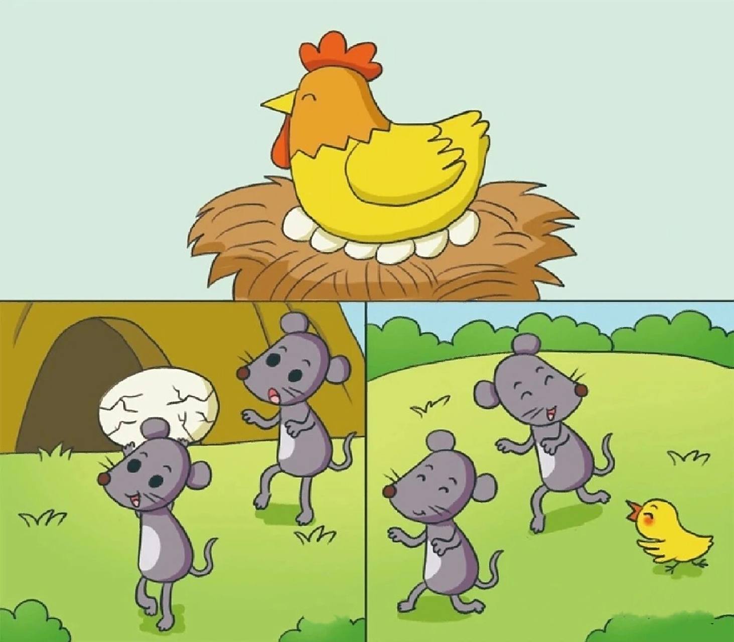 它们高兴地把蛋举过头顶,激动地说:"我们有鸡蛋吃了.