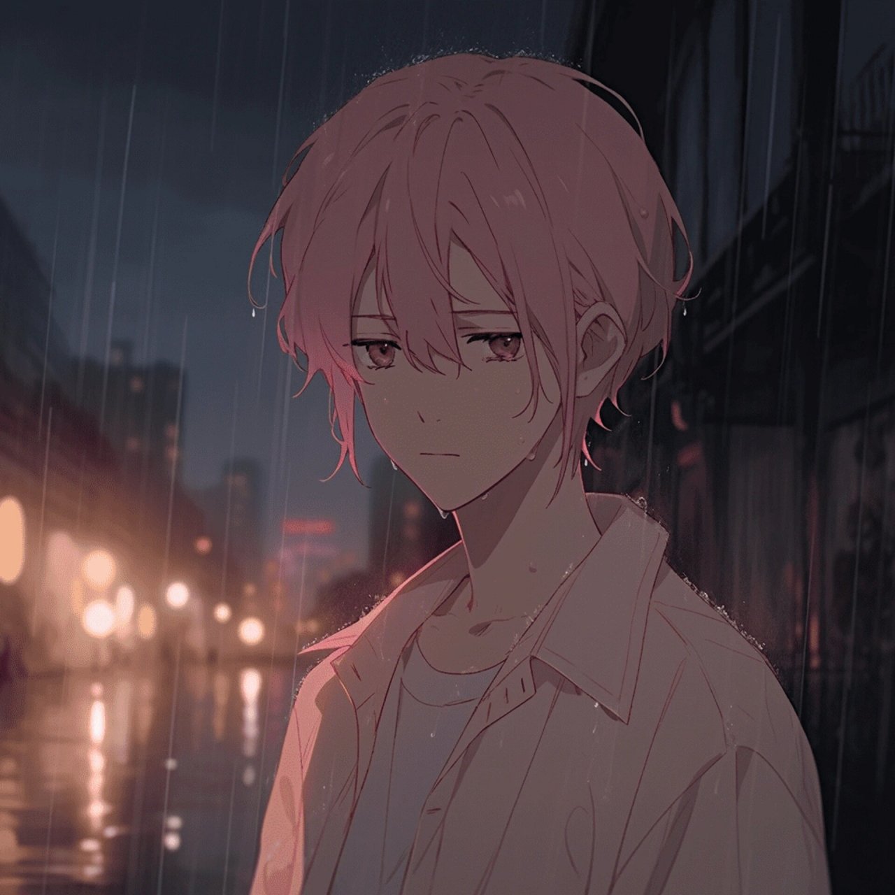 动漫男头 雨中少年粉发