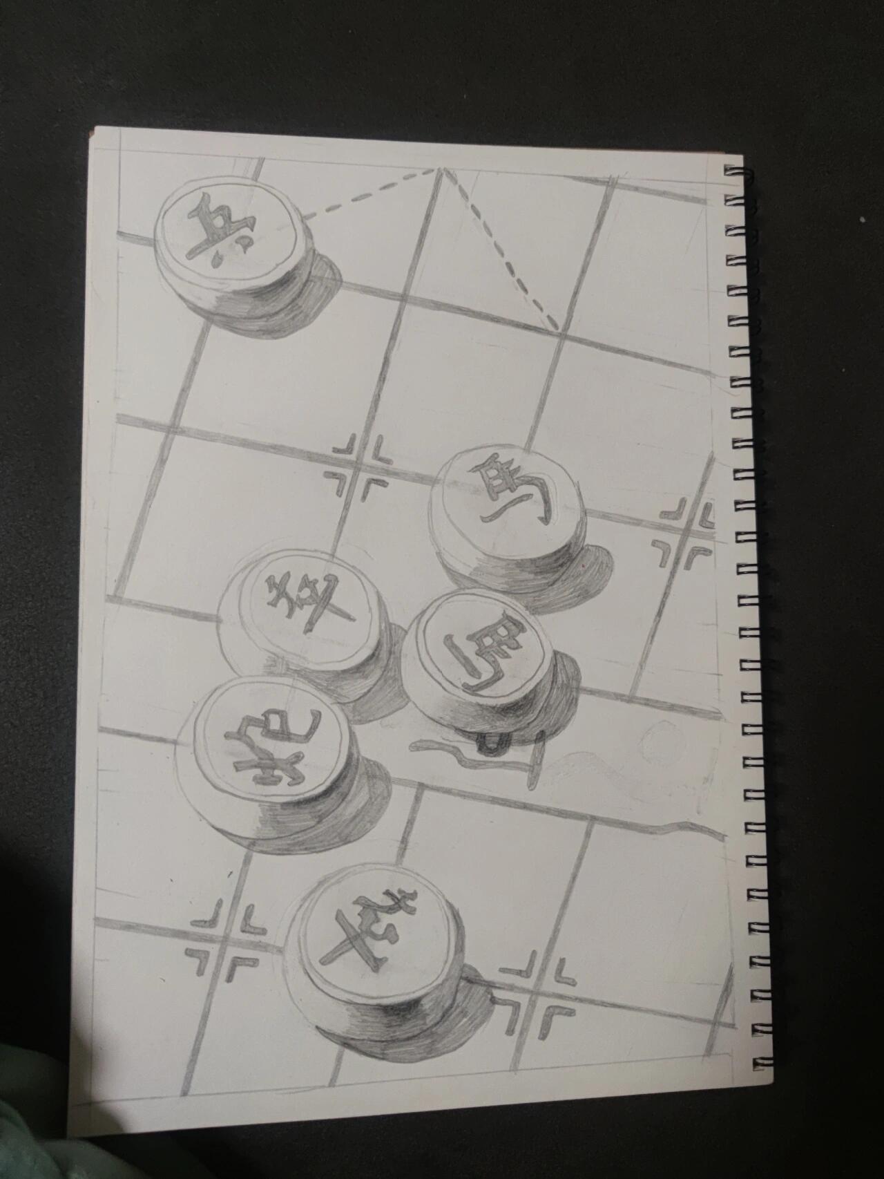 象棋绘画 这幅作品非常考验学生对于透视的理解和表现呀 继续加油哦