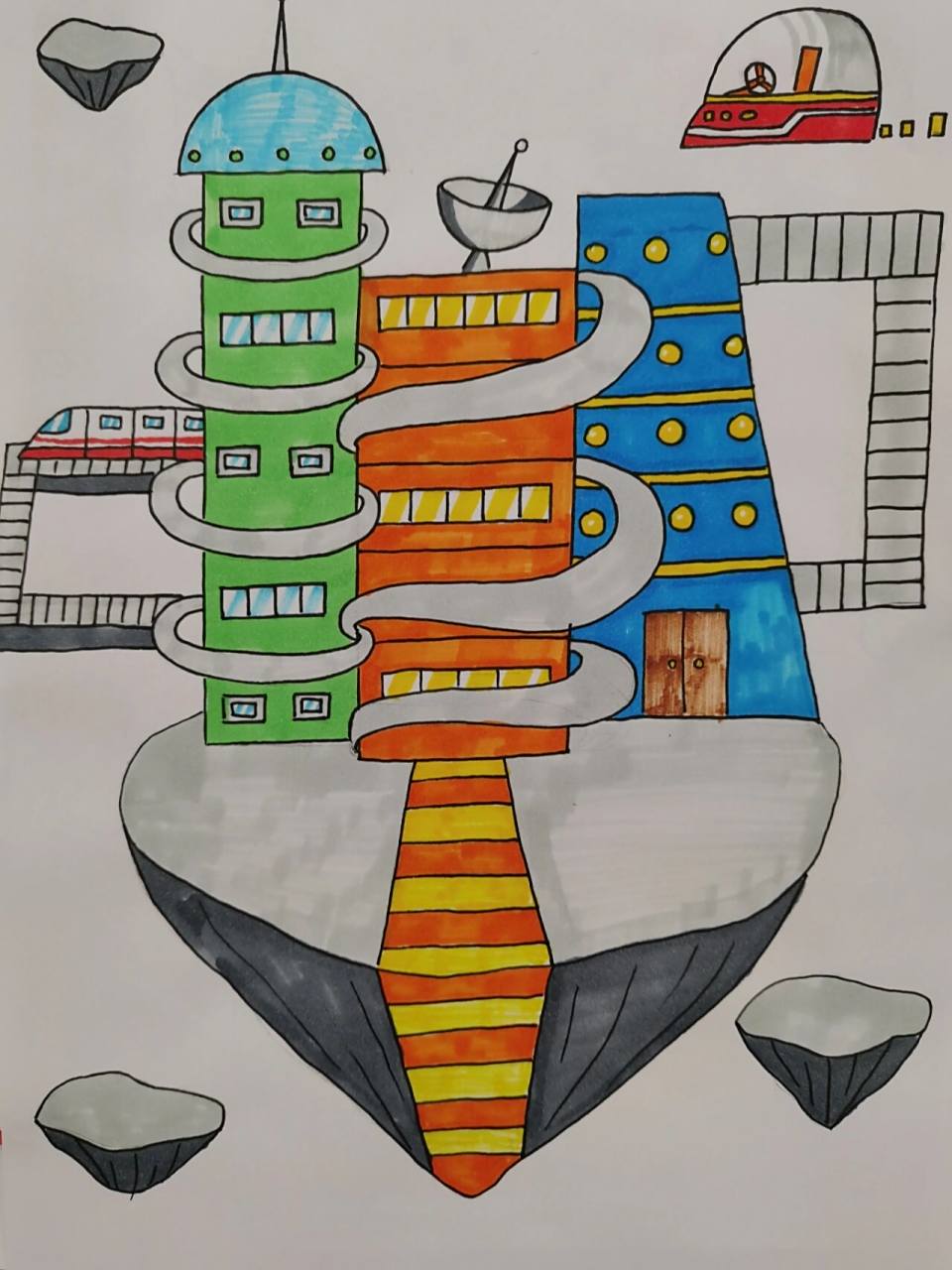 《未来城市》儿童画 未来漂流在天空的城市