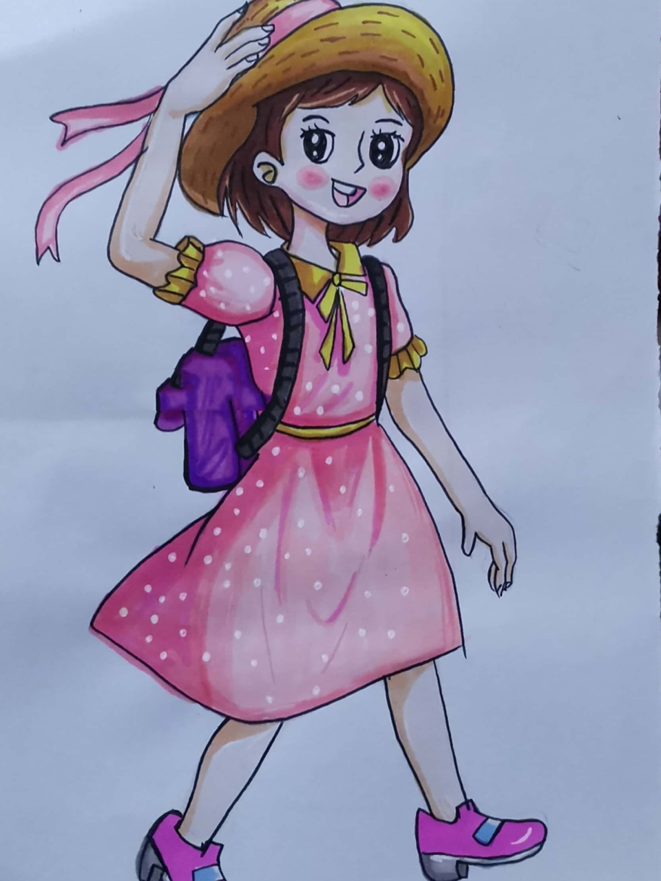 小女孩 春游 散步简笔画漫画 马克笔