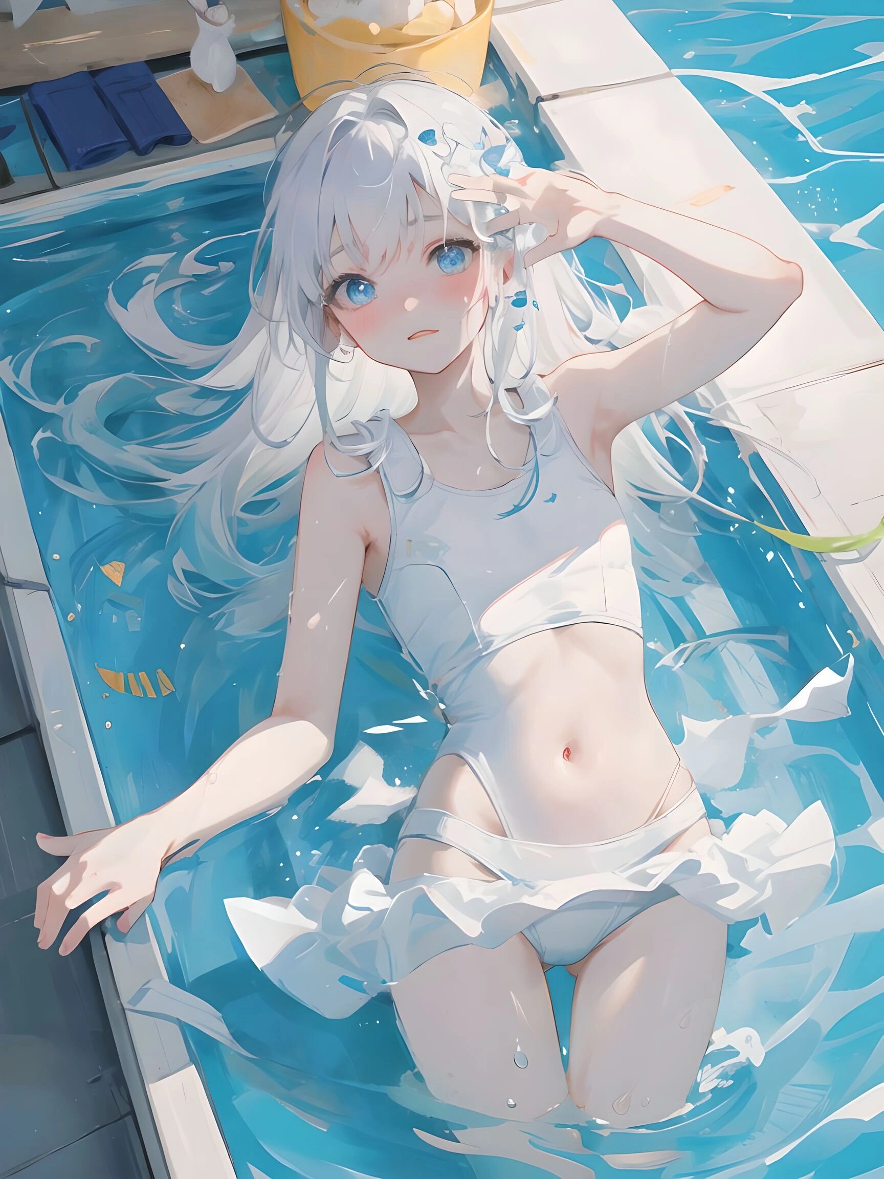 【唯美壁纸】游泳池的白发少女