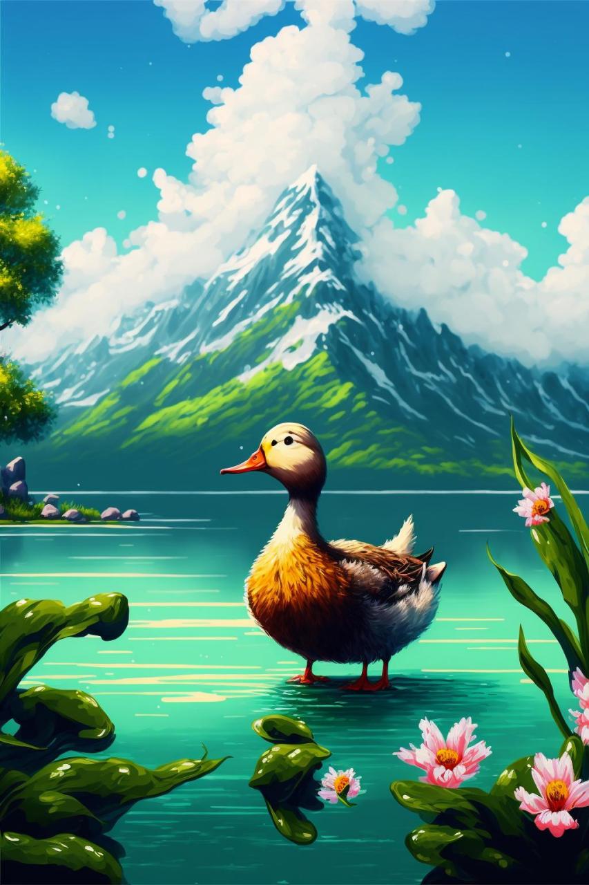 蓝天白云,青山绿水,绿树红花,一个快乐的鸭子在水中玩耍 ai绘画高清