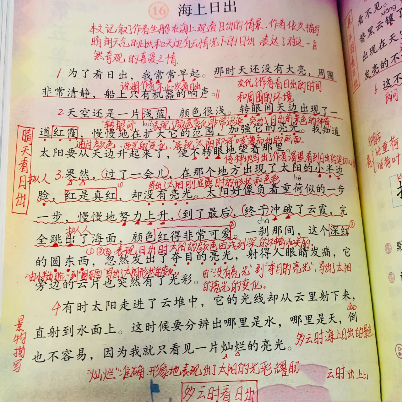 第二部分(2~5):具体描绘了天气晴朗时和天空有云时海上日出的景色.