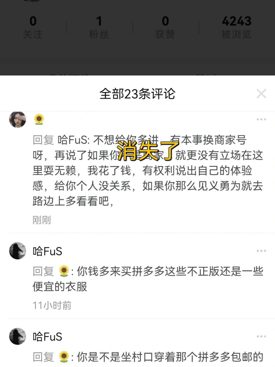 拼多多上面的评论为什么会莫名其妙的消失 图一我刚刚回复了评论 图二