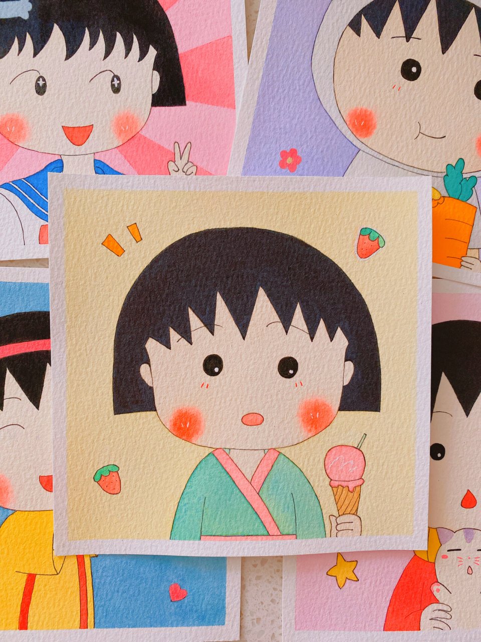 卡通水彩画|樱桃小丸子(附线稿)|手绘头像 一波可爱的樱桃90小丸子