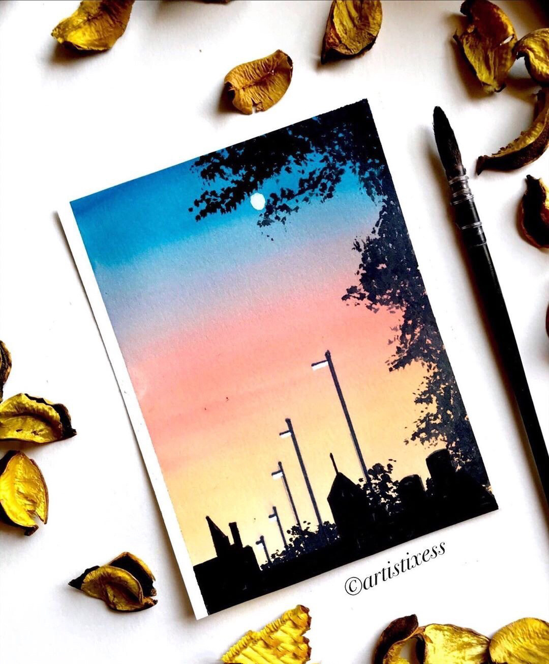 绚丽的夕阳余晖 简单水彩风景适合入门练习