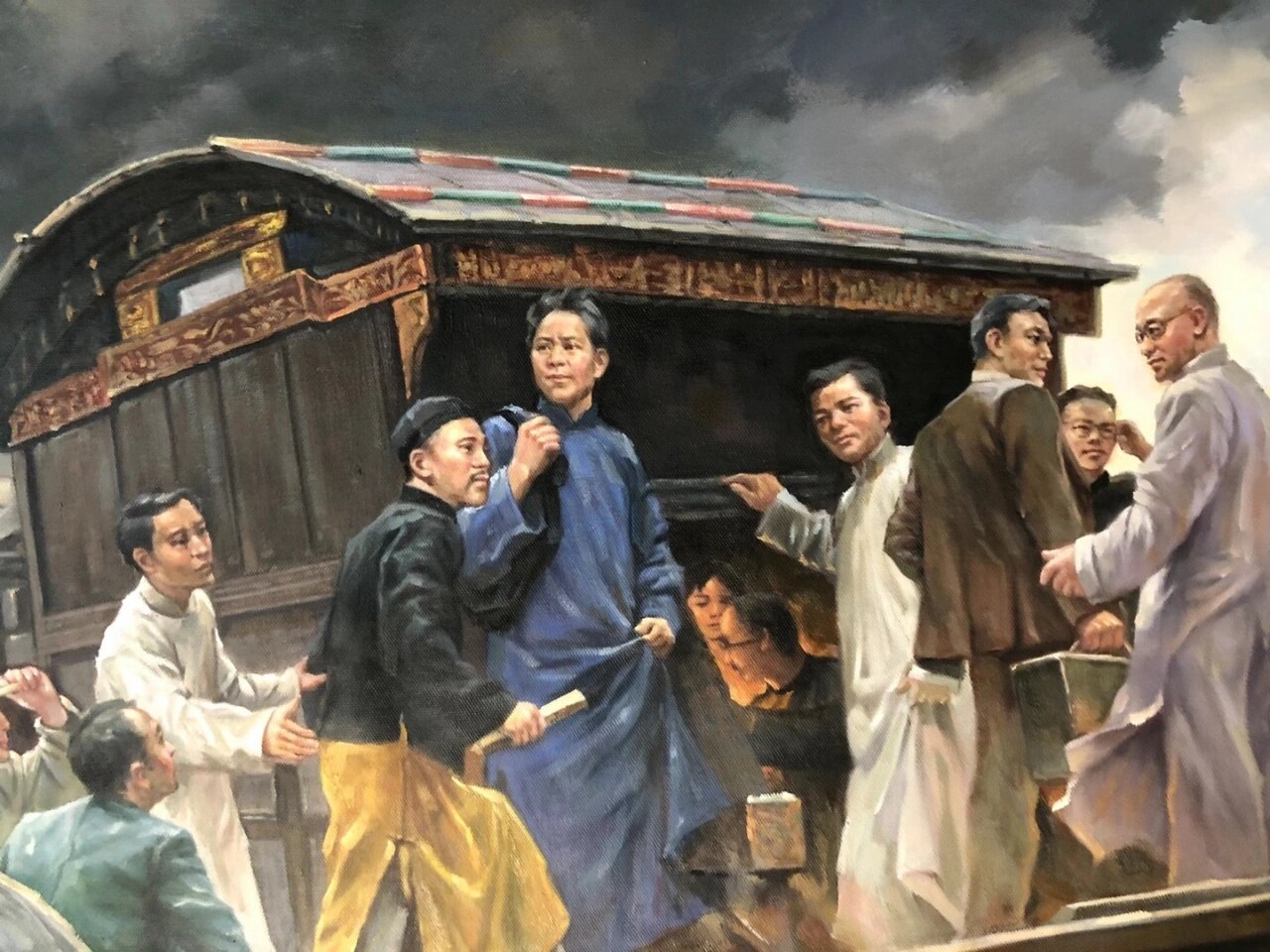 美图分享,《启航》,布面油画,细节图 70x180㎝