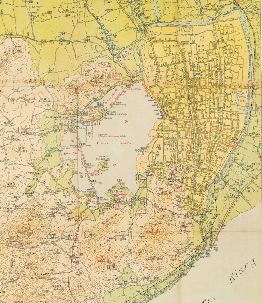 民国时期的杭州西湖及城市地图,那时的杭州可真小,武林门北,贴沙河东