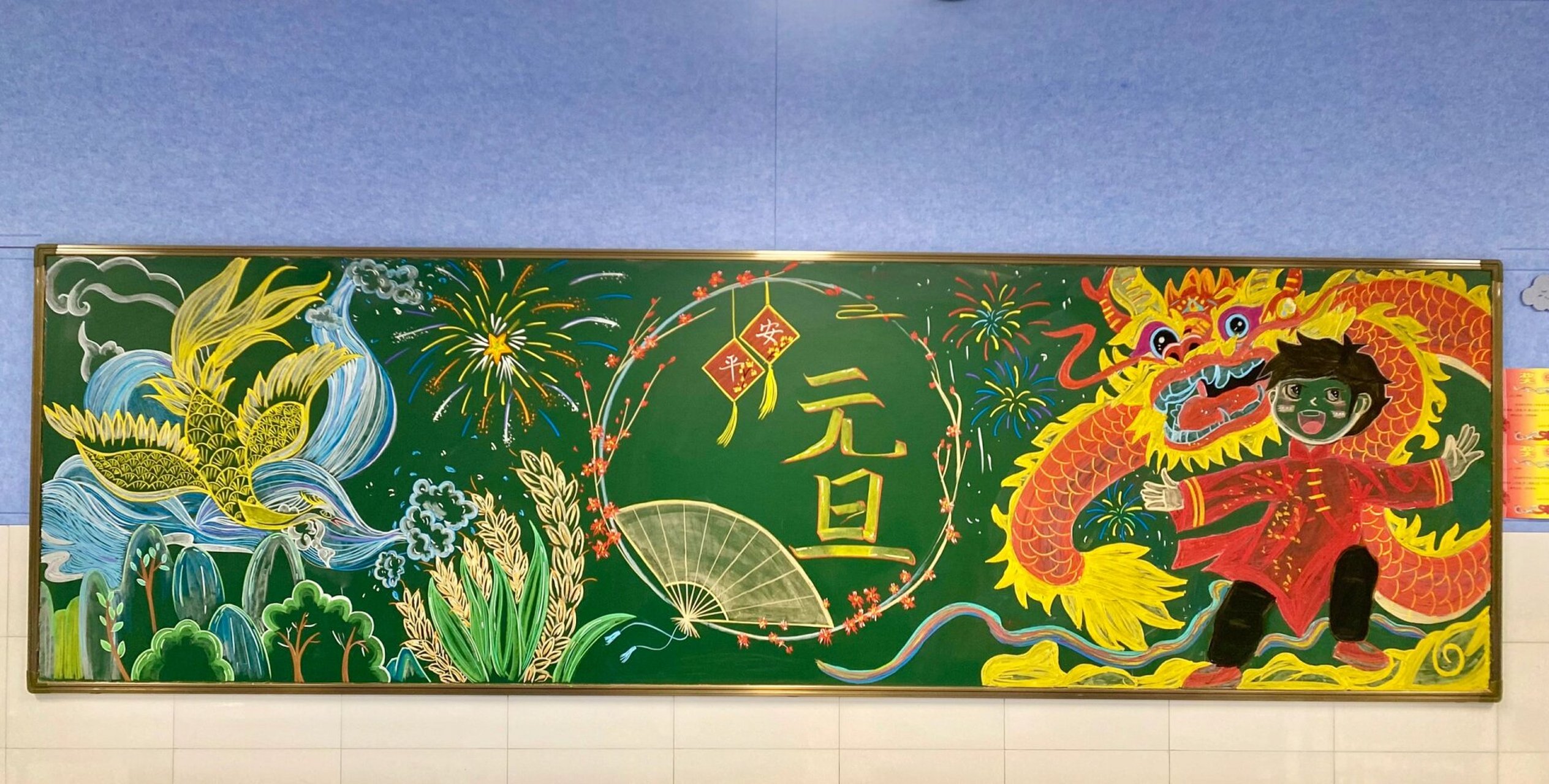 黑板报 粉笔画——龙凤呈祥 一期国风满满的黑板报粉笔画
