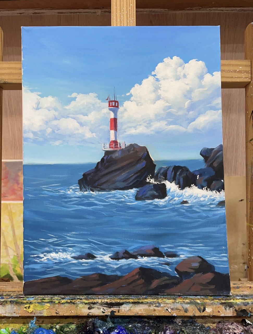 油画小示范|步骤图 整体颜色都是比较简单的 天空:主要是天蓝加白,湖