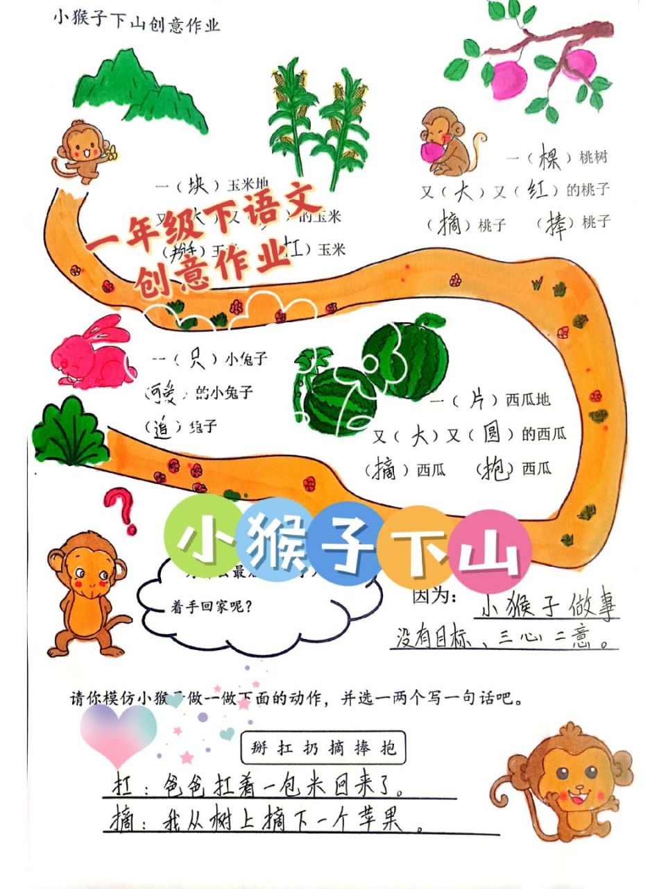 一下语文创意作业小猴子下山   孩子们问,为什么小猴子掰了玉米99和