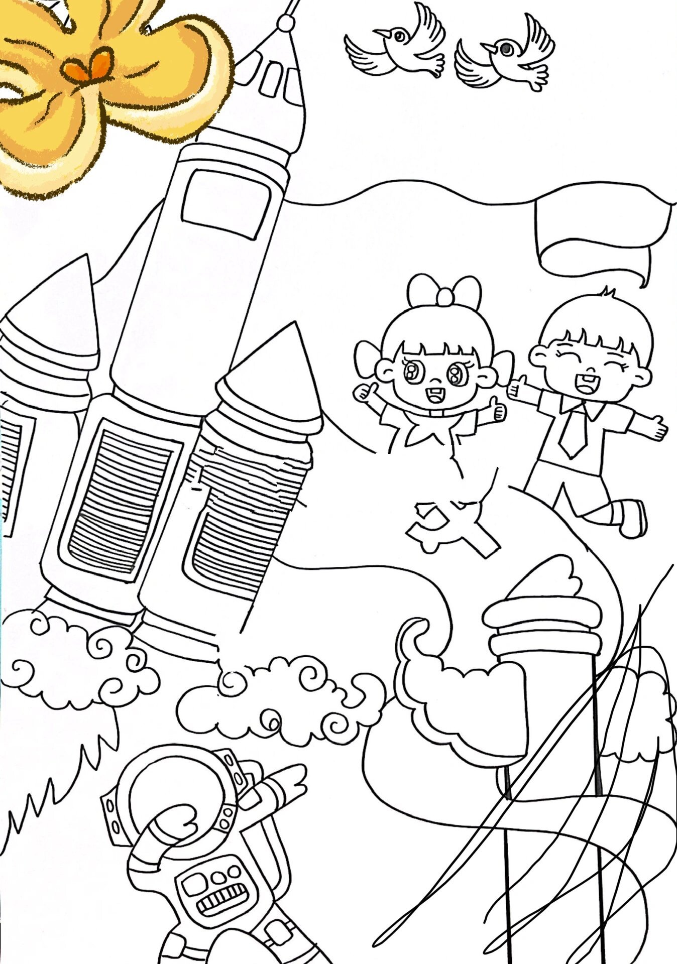 强国复兴绘画线笔画手抄报模板89