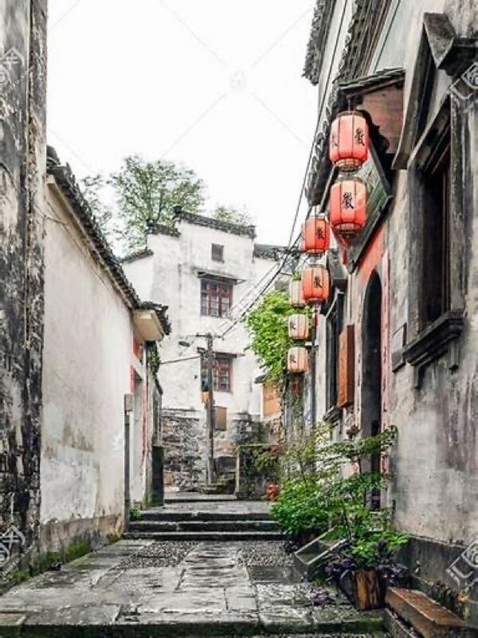 烟雨水巷水彩画图片