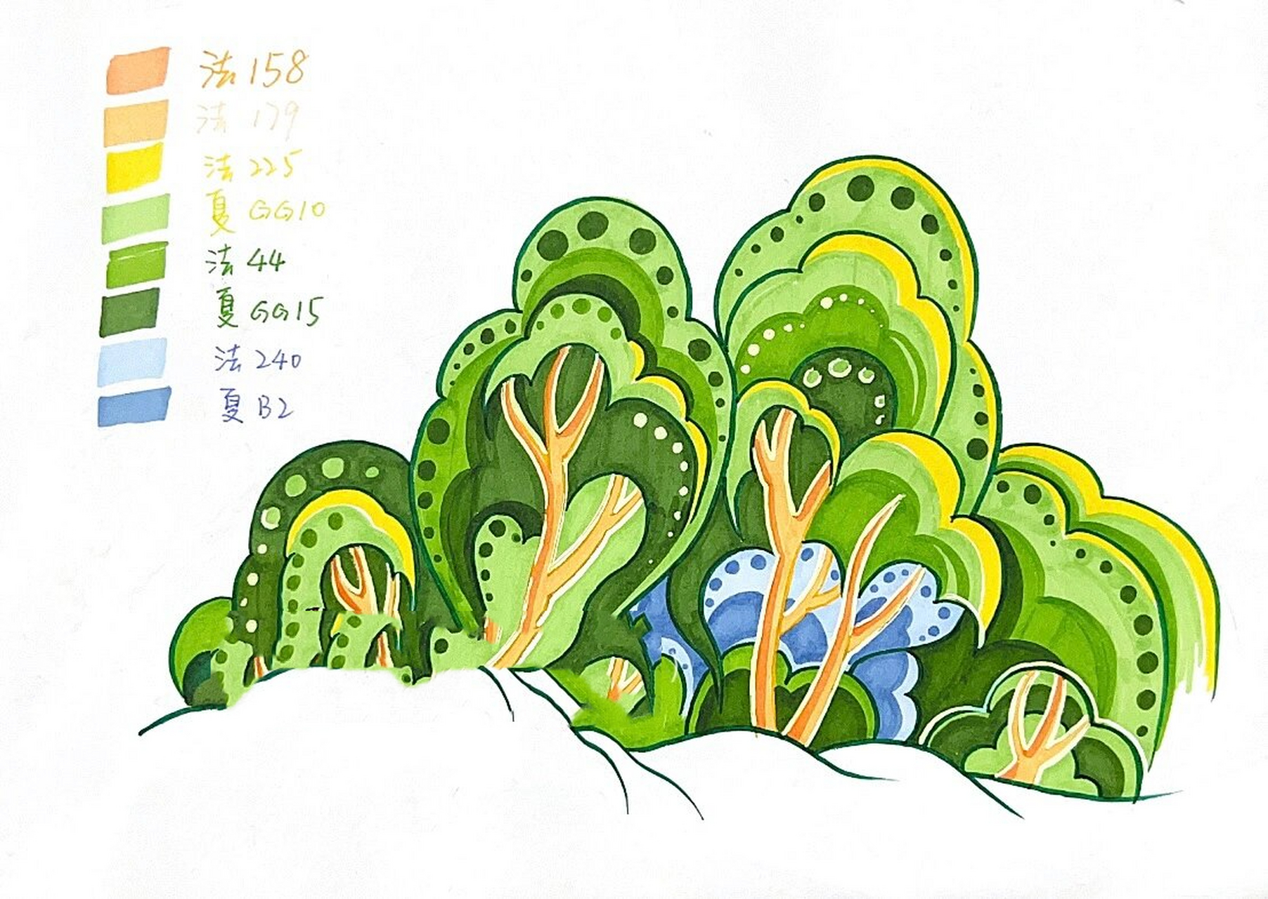 马克笔手绘—超实用多种形态植物元素示范 本次苏航手绘老师绘制了六